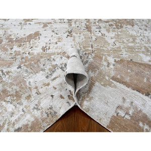 9'x12'1" Beaver Brown and Earth Tone Colors, Abstract Design with Nepali Weave, Shiny Plant Based Silk, Hand Knotted, Oriental Rug FWR61266
