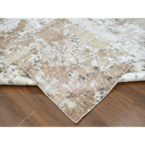9'x12'1" Beaver Brown And Earth Tone Colors, Abstract Design With Nepali Weave, Shiny Plant Based Silk, Hand Knotted, Oriental Rug FWR61266
