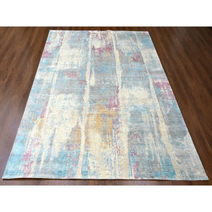 9'x12' Pastel Yellow and Blue Earth Tones, Abstract Design with Nepali Weave, Shiny Wool and Silk, Hand Knotted, Oriental Rug FWR61272