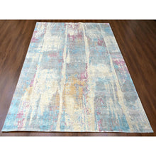 Load image into Gallery viewer, 9&#39;x12&#39; Pastel Yellow And Blue Earth Tones, Abstract Design With Nepali Weave, Shiny Wool And Silk, Hand Knotted, Oriental Rug FWR61272