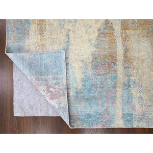 9'x12' Pastel Yellow and Blue Earth Tones, Abstract Design with Nepali Weave, Shiny Wool and Silk, Hand Knotted, Oriental Rug FWR61272