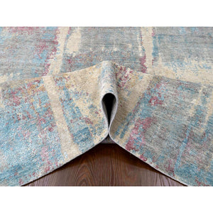 9'x12' Pastel Yellow and Blue Earth Tones, Abstract Design with Nepali Weave, Shiny Wool and Silk, Hand Knotted, Oriental Rug FWR61272