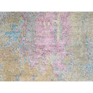 9'x12' Pastel Yellow and Blue Earth Tones, Abstract Design with Nepali Weave, Shiny Wool and Silk, Hand Knotted, Oriental Rug FWR61272