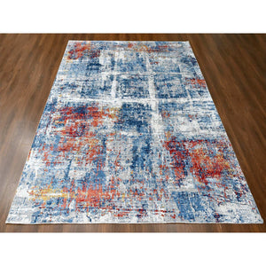 8'9"x11'7" Imperial Blue and Earth Tone Colors, Abstract Design with Nepali Weave, Shiny Plant Based Silk, Hand Knotted, Oriental Rug FWR61278