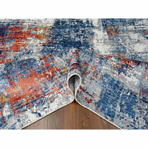 8'9"x11'7" Imperial Blue and Earth Tone Colors, Abstract Design with Nepali Weave, Shiny Plant Based Silk, Hand Knotted, Oriental Rug FWR61278