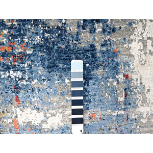 8'9"x11'7" Imperial Blue and Earth Tone Colors, Abstract Design with Nepali Weave, Shiny Plant Based Silk, Hand Knotted, Oriental Rug FWR61278