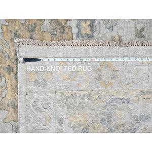 12'1"x15' Cloud Gray, Oxidized, Antiqued Persian With Ziegler Mahal Design, Distressed, Zero Pile, Shaved Low, Pure Wool, Hand Knotted, Oversized, Oriental Rug FWR61302