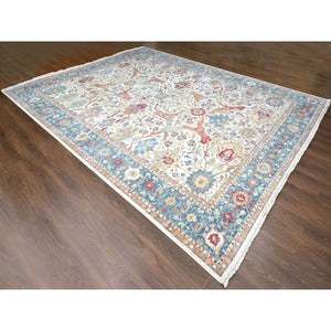12'x15' Pearl White, 100% Wool, Hand Knotted, Antiqued Persian With Ziegler Mahal Design, Distressed, Oxidized, Zero Pile, Shaved Low, Oversized, Oriental Rug FWR61332