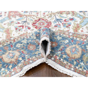 12'x15' Pearl White, 100% Wool, Hand Knotted, Antiqued Persian With Ziegler Mahal Design, Distressed, Oxidized, Zero Pile, Shaved Low, Oversized, Oriental Rug FWR61332