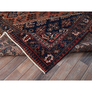 9'x12'5" Copper Red, Vintage Persian Joshagan with Geometric Medallion, Shaved Down, Zero Pile, Even Wear, Good Condition, Sides and Ends Professionally Secured, Hand Knotted, 100% Wool, Oriental Rug FWR6150