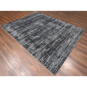 8'3"x10' Onyx Black with a mix of Ivory, Modern Design, Hand Loomed, Wool and Plant Based Silk, Textured Pile, Oriental Rug FWR61608