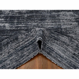8'3"x10' Onyx Black with a mix of Ivory, Modern Design, Hand Loomed, Wool and Plant Based Silk, Textured Pile, Oriental Rug FWR61608