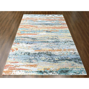 9'x11'10" Seaweed Green, Diagonal Abstract With Wavy And Colorful Design, Wool And Plant Based Silk, Hand Knotted, Nepali Weave, Modern, Oriental Rug FWR61638