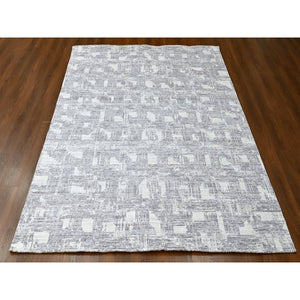 8'x10' Chiffon White, Hand Loomed, Wool and Plant Based Silk, Textured Pile, Modern Grid Like Design, Oriental Rug FWR61680