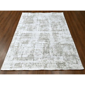 8'x10' Cotton White with Brown, Modern Design, Hand Loomed, Wool and Plant Based Silk, Textured Pile, Oriental Rug FWR61686