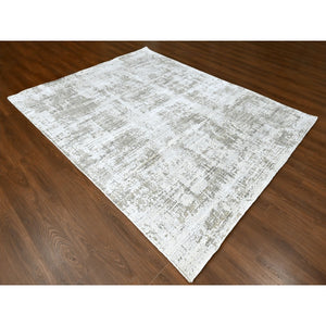 8'x10' Cotton White with Brown, Modern Design, Hand Loomed, Wool and Plant Based Silk, Textured Pile, Oriental Rug FWR61686