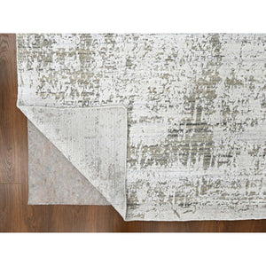 8'x10' Cotton White with Brown, Modern Design, Hand Loomed, Wool and Plant Based Silk, Textured Pile, Oriental Rug FWR61686