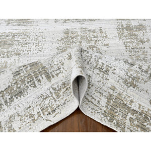 8'x10' Cotton White with Brown, Modern Design, Hand Loomed, Wool and Plant Based Silk, Textured Pile, Oriental Rug FWR61686