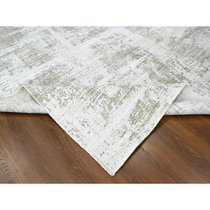 8'x10' Cotton White with Brown, Modern Design, Hand Loomed, Wool and Plant Based Silk, Textured Pile, Oriental Rug FWR61686