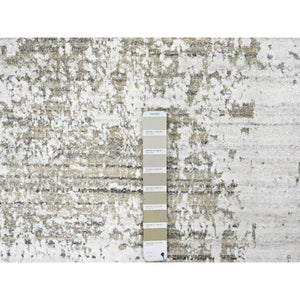 8'x10' Cotton White with Brown, Modern Design, Hand Loomed, Wool and Plant Based Silk, Textured Pile, Oriental Rug FWR61686