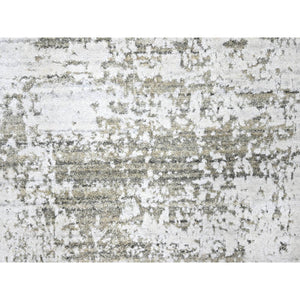 8'x10' Cotton White with Brown, Modern Design, Hand Loomed, Wool and Plant Based Silk, Textured Pile, Oriental Rug FWR61686