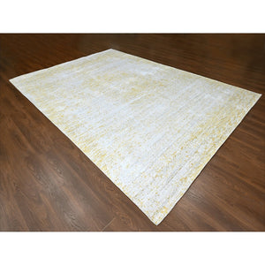 9'10"x13'10" Macaroon Yellow, Hand Loomed, Wool and Plant Based Silk, Textured Pile, Modern Design, Oriental Rug FWR61746