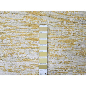 9'10"x13'10" Macaroon Yellow, Hand Loomed, Wool and Plant Based Silk, Textured Pile, Modern Design, Oriental Rug FWR61746