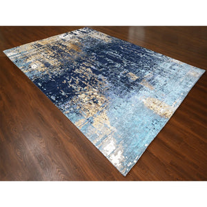 10'x13'10" Shades of Blue with Gold, Modern Mosaic Design, Hand Knotted, Persian Knot, Denser Weave, Wool and Silk, Oriental Rug FWR61758