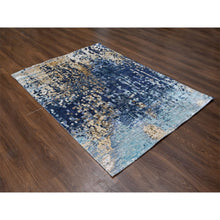 Load image into Gallery viewer, 4&#39;10&quot;x6&#39;10&quot; Shades of Blue with Gold, Modern Mosaic Design, Persian Knot, Denser Weave, Hand Knotted, Wool and Silk, Oriental Rug FWR61764