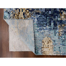 Load image into Gallery viewer, 4&#39;10&quot;x6&#39;10&quot; Shades Of Blue With Gold, Modern Mosaic Design, Persian Knot, Denser Weave, Hand Knotted, Wool And Silk, Oriental Rug FWR61764