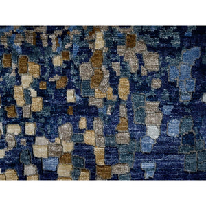 4'10"x6'10" Shades of Blue with Gold, Modern Mosaic Design, Persian Knot, Denser Weave, Hand Knotted, Wool and Silk, Oriental Rug FWR61764