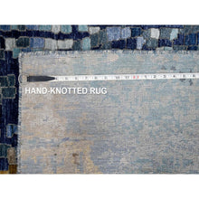Load image into Gallery viewer, 4&#39;10&quot;x6&#39;10&quot; Shades Of Blue With Gold, Modern Mosaic Design, Persian Knot, Denser Weave, Hand Knotted, Wool And Silk, Oriental Rug FWR61764