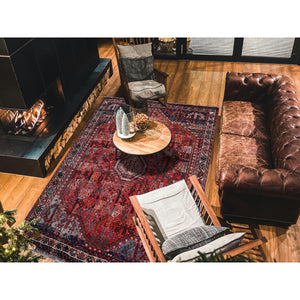 6'6"x9' Crimson Red, Vintage Persian Shiraz with All Over Design, Worn and Distressed, Sheared Low, Zero Pile, Sides and Ends Professionally Secured, Hand Knotted, 100% Wool, Oriental Rug FWR6174
