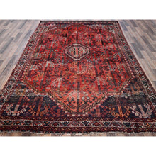 Load image into Gallery viewer, 6&#39;6&quot;x9&#39; Crimson Red, Vintage Persian Shiraz with All Over Design, Worn and Distressed, Sheared Low, Zero Pile, Sides and Ends Professionally Secured, Hand Knotted, 100% Wool, Oriental Rug FWR6174