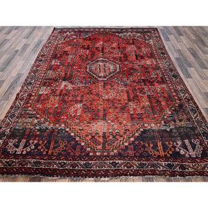 6'6"x9' Crimson Red, Vintage Persian Shiraz with All Over Design, Worn and Distressed, Sheared Low, Zero Pile, Sides and Ends Professionally Secured, Hand Knotted, 100% Wool, Oriental Rug FWR6174