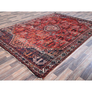 6'6"x9' Crimson Red, Vintage Persian Shiraz with All Over Design, Worn and Distressed, Sheared Low, Zero Pile, Sides and Ends Professionally Secured, Hand Knotted, 100% Wool, Oriental Rug FWR6174