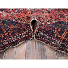 Load image into Gallery viewer, 6&#39;6&quot;x9&#39; Crimson Red, Vintage Persian Shiraz with All Over Design, Worn and Distressed, Sheared Low, Zero Pile, Sides and Ends Professionally Secured, Hand Knotted, 100% Wool, Oriental Rug FWR6174