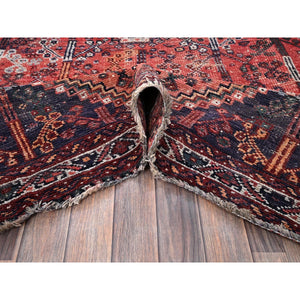 6'6"x9' Crimson Red, Vintage Persian Shiraz with All Over Design, Worn and Distressed, Sheared Low, Zero Pile, Sides and Ends Professionally Secured, Hand Knotted, 100% Wool, Oriental Rug FWR6174