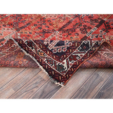 Load image into Gallery viewer, 6&#39;6&quot;x9&#39; Crimson Red, Vintage Persian Shiraz with All Over Design, Worn and Distressed, Sheared Low, Zero Pile, Sides and Ends Professionally Secured, Hand Knotted, 100% Wool, Oriental Rug FWR6174