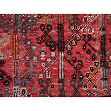 Load image into Gallery viewer, 6&#39;6&quot;x9&#39; Crimson Red, Vintage Persian Shiraz With All Over Design, Worn And Distressed, Sheared Low, Zero Pile, Sides And Ends Professionally Secured, Hand Knotted, 100% Wool, Oriental Rug FWR6174