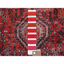 Load image into Gallery viewer, 6&#39;6&quot;x9&#39; Crimson Red, Vintage Persian Shiraz with All Over Design, Worn and Distressed, Sheared Low, Zero Pile, Sides and Ends Professionally Secured, Hand Knotted, 100% Wool, Oriental Rug FWR6174