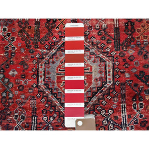 6'6"x9' Crimson Red, Vintage Persian Shiraz with All Over Design, Worn and Distressed, Sheared Low, Zero Pile, Sides and Ends Professionally Secured, Hand Knotted, 100% Wool, Oriental Rug FWR6174