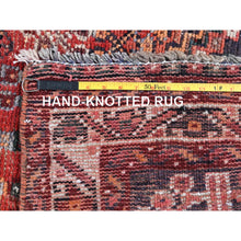 Load image into Gallery viewer, 6&#39;6&quot;x9&#39; Crimson Red, Vintage Persian Shiraz With All Over Design, Worn And Distressed, Sheared Low, Zero Pile, Sides And Ends Professionally Secured, Hand Knotted, 100% Wool, Oriental Rug FWR6174