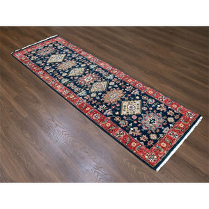 2'9"x8' Denim Blue, Karajeh Design with Tribal Medallions, Hand Knotted, 100% Wool, Runner, Oriental Rug FWR61812
