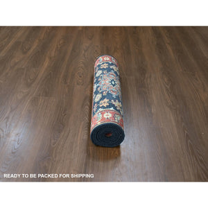2'9"x8' Denim Blue, Karajeh Design with Tribal Medallions, Hand Knotted, 100% Wool, Runner, Oriental Rug FWR61812