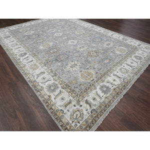 10'1"x14'2" Medium Gray, Karajeh and Geometric Medallions Design, 100% Wool, Hand Knotted, Oriental Rug FWR61830