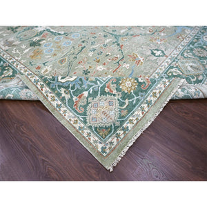 9'x11'10" Camouflage Green, Oushak with Floral Motifs, Hand Knotted, Pure Wool, Soft Pile, Denser Weave, Oriental Rug FWR61860