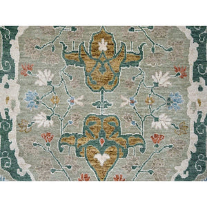 9'x11'10" Camouflage Green, Oushak with Floral Motifs, Hand Knotted, Pure Wool, Soft Pile, Denser Weave, Oriental Rug FWR61860