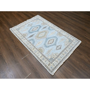 4'1"x6' Cloud Gray, Persian Village Inspired Geometric Elements Design, Pure Wool, Natural Dyes, Denser Weave, Hand Knotted, Oriental Rug FWR61950