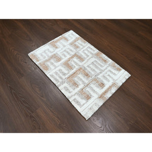 2'1"x3' Bone White, Minimalist Swedish Design, Hand Knotted, Organic Wool, Mat, Sample, Oriental Rug FWR61974